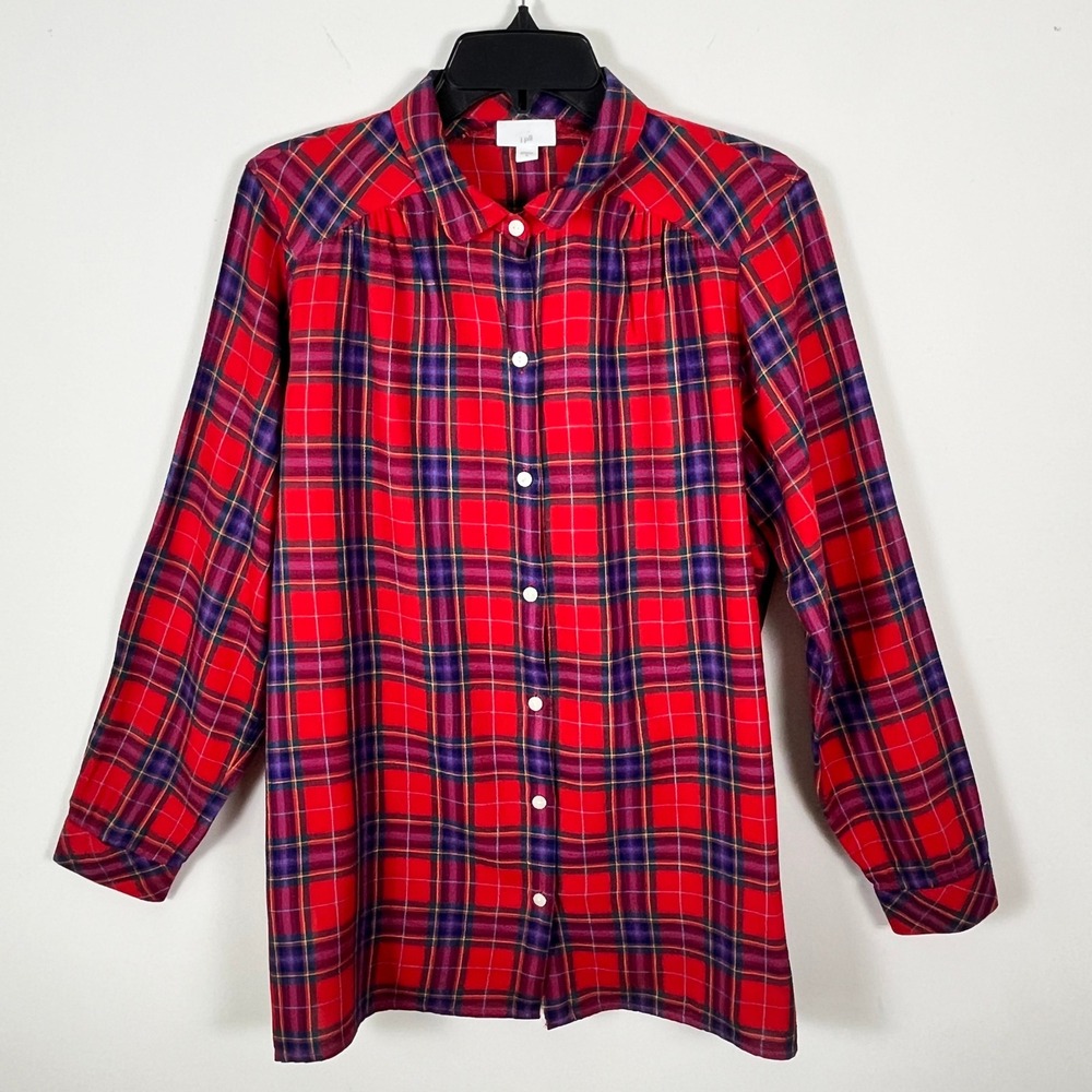 J. Jill Red Tartan Plaid Cotton Modal Button Down Tunic Shirt Womens M